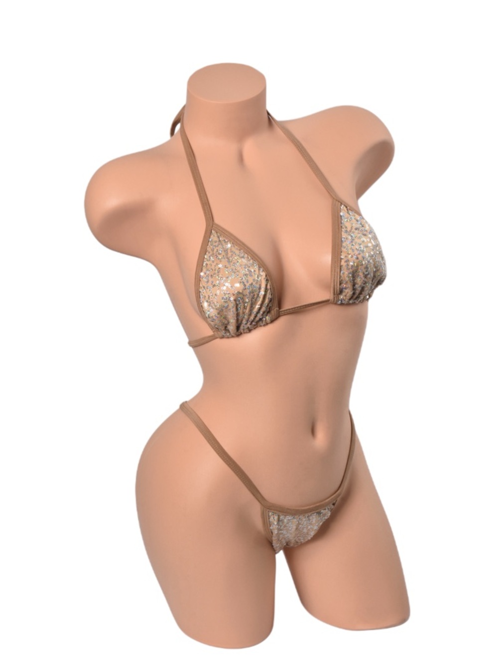Women’s Beige Sequin Triangle Bikini Top and Bottom Set